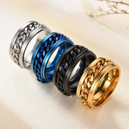 Trendy Jewelry Brief Punk Circle Rotatable Rings Multi Color Link Chain Knurling Round Stainless Steel Spinning Finger Rings