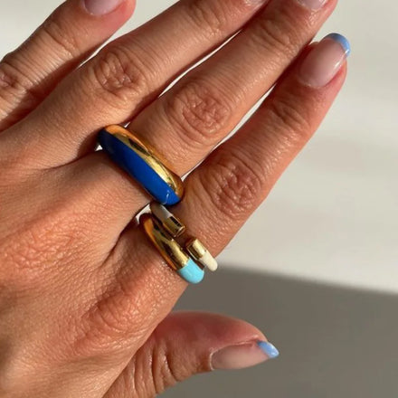 Fenny Fashion Dainty Navy Blue Gold 2 Colors Waterproof  Enamel Rings for Women 18K Gold Plated  Stainless Steel  Jewelry
