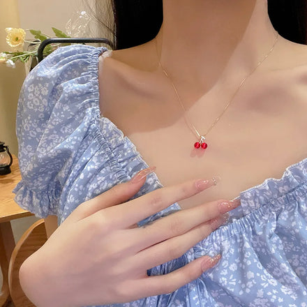 2023 Luxury Zircon Red Cherry Pendant Red Necklace 14K Real Gold Plated Necklace for Women