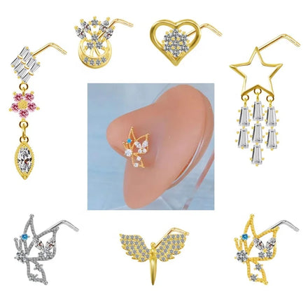 Gaby's New Arriving Gold Plated Body Piercing Jewelry Long Dangle Flower Butterfly Design Nose Rings for Wholesale for Gift