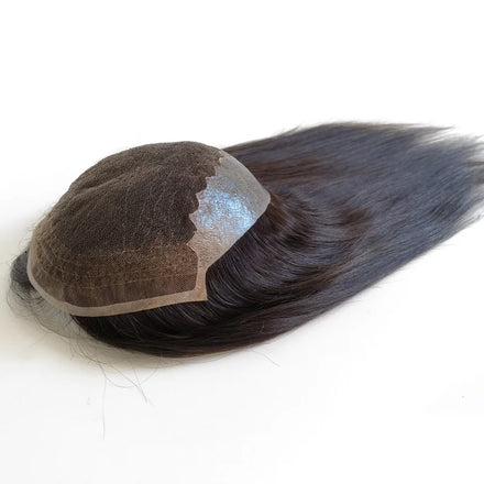 Stock Swiss Lace Poly Skin 14 Inch Black Color Cuticle Aligned Chinese Natural Virgin Human Hair Topper for Women 7 by 9