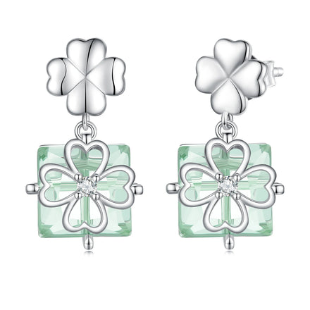 Fashion 925 Sterling Silver Four-leaf Clover Stud Earrings Light Green Square Transparent Glass Earrings for Women Gift BSE745
