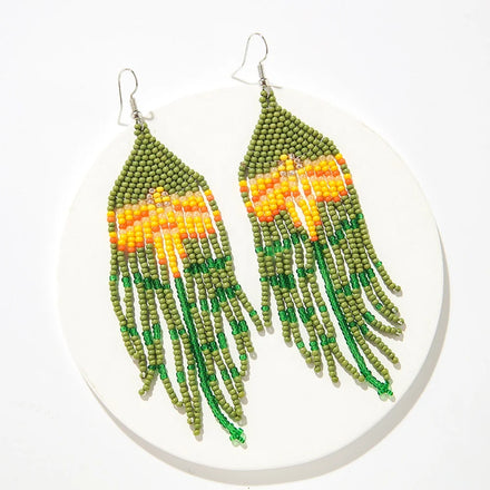 Bohemian Style Huggie Earrings Multicolor Tassel Glass Seed Bead Hand Woven Flower Shape with Trendy Splice Design