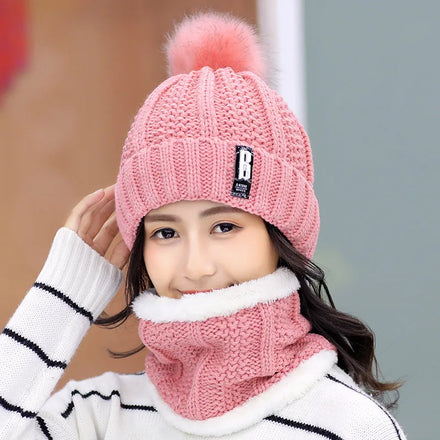 Winter Warm Women Neck Balaclava Knitted Beanie Hat With Pompom Scarf Set Thick Skullies Female Cap