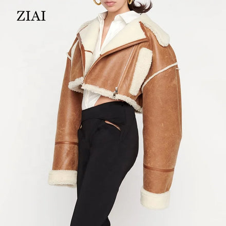 Korean Style Zipper Lapel Short Lamb Wool Women's Winter New Style Thickened Fashionable Leather Coat Woman Winter