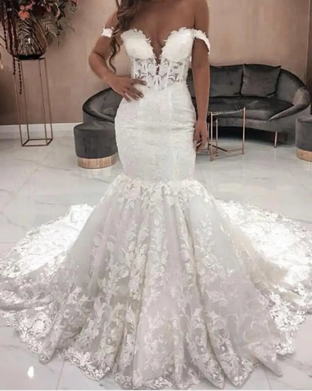 Off the Shoulder Appliqued Lace Beaded Mermaid Bridal Dresses White Trumpet 2026 Cheap Wedding Gowns MW72