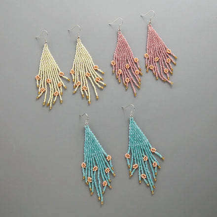Trendy Light Color Flower Glass Seed Beaded Tassel Earrings Huggie Style for Girls' Weddings Parties Engagements and Gifts