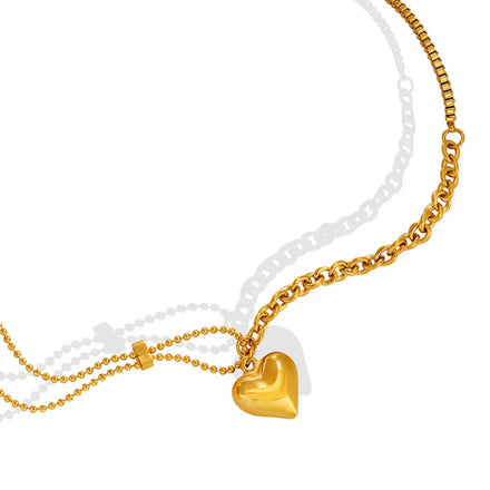 Dainty Women Fashion Asymmetrical Stainless Steel 18K Gold Plated Love Heart Pendant Necklace