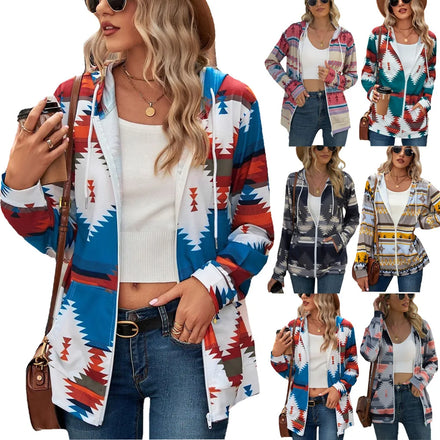 2024 Print Spring Fall Western Style Women Aztec Navajo Print Full Zip up Hoodie Jacket Clothing With Pocket