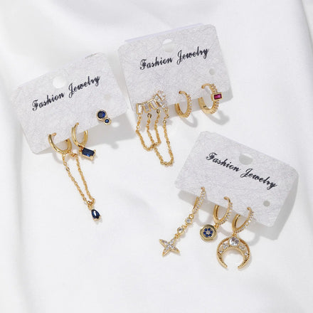 3pcs/set Samoan Earrings Jewelry Set 18k Gold Diamonds Hoop Earring Micro Inlaid Colorful Zircon Women Geometric Earring Set