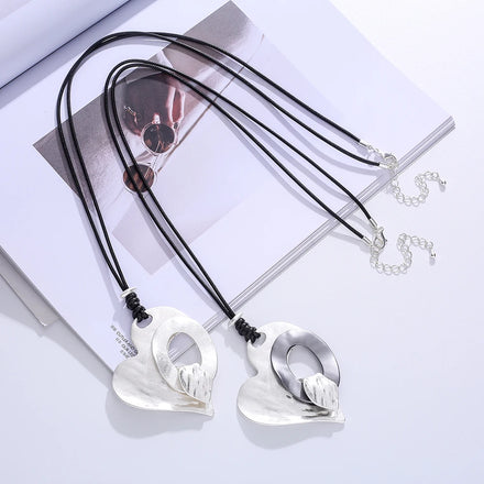 TongLing Minimalist Hammered Heart Necklaces Two Tone Double Heart Metal Adjustable Black Wax Cord Women Jewelry