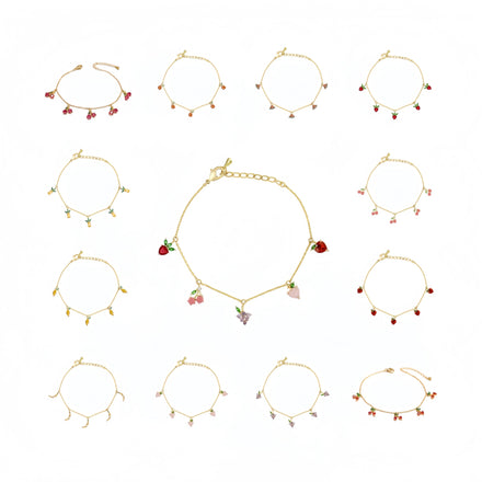 Cute Women's Fruit Chain Bracelet with Cherry Strawberry Green Leaves Diamond Ruby Stones in Heart Shape Tassel Design