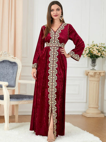 Moroccan Kaftan Dubai Opened Front Gown Dresses for Women Golden Ribbon Loose Sleeve Muslim Turkey Arabic Clothes Velvet
