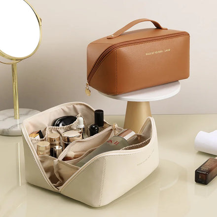 Custom Women Makeup Bag Pouch PU Leather Cosmetic Toiletries Bag Large Capacity Partition Storage Waterproof Travel Toiletry Bag