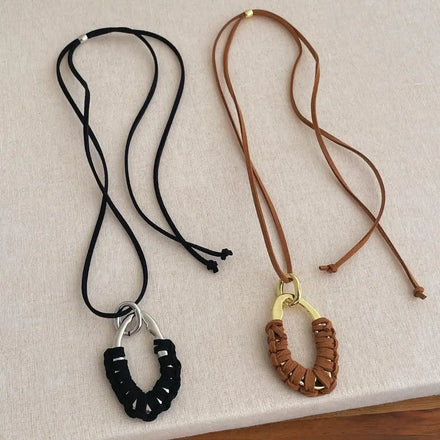 Wholesale Braided Suede Pendant Necklaces Two Tone Interlock Oval Metal Adjustable Strand Cord Vintage Women Jewelry