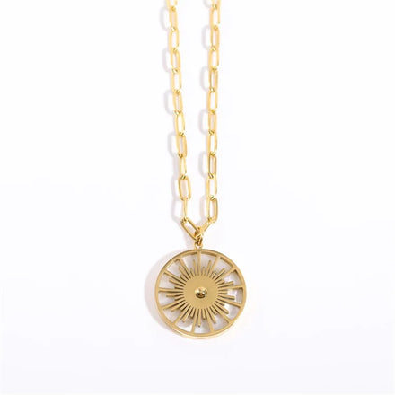 Hot Selling Stainless Steel Paperclip Link Gear Wheel Charm Necklace Round Dial Plate Gold Color Shell Pendant Necklace