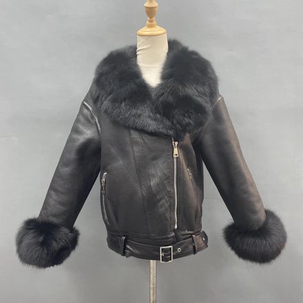 Luxury Real Fox Fur Coat Women Genuine Leather Jacket With Fur Plus Size Coat