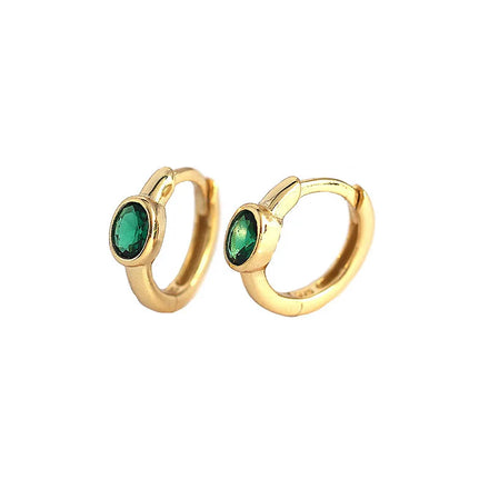Dainty Luxury Earrings 925 Sterling Silver Green Black Oval Zircon CZ Colored Stone Small Gold Hoop Earrings Minimalist