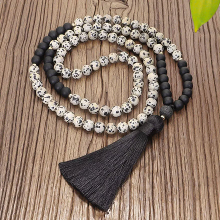 Boho Natural Crystal Dalmatian Stone 108 Mala Beads Long Necklaces Yoga Jewelry With Tassel