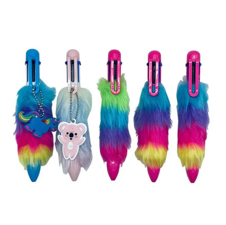 Rainbow Plush Fur Ballpoint Pens 6 in 1 Sweet Fluffy Retractable Writing Pens Holiday Party Gift for Girls Women Kids School