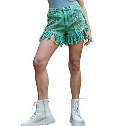 Summer New Fashion Streetwear Customized Jeans Hot Shorts Tassels Sequin Pocket Short Denim Pants Women 100% Cotton