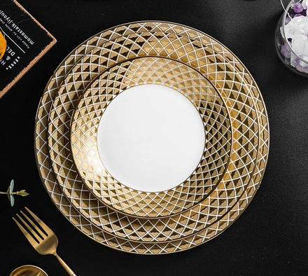 Ceramic Gold Rim Dinner Plates Set Hand Drawn Lines Modern Home Plate Set Western Restaurant Table Top Plate Dish