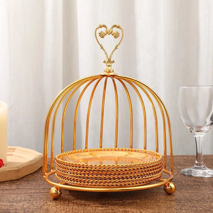 2023 Birdcage Shape Gold Metal Food Display Dessert Cake Serving Trays Afternoon Tea Heart Rack