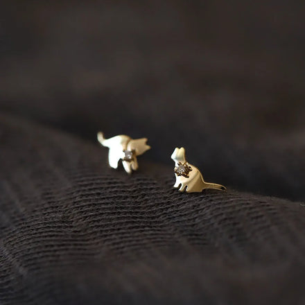 Funny Cute Pure 925 Sterling Silver Asymmetrical Zircon Crystal Kitty Cat Shaped Stud Earrings for Women Girls