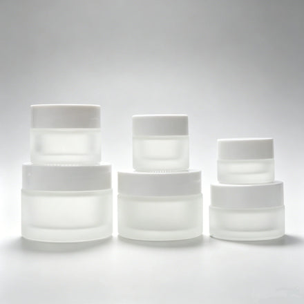 Customized Luxury Frosted Cosmetic Glass Cream Jars 50ml 50g Frosted Glass Eye Facial Cream Jar with White Plastic Lids