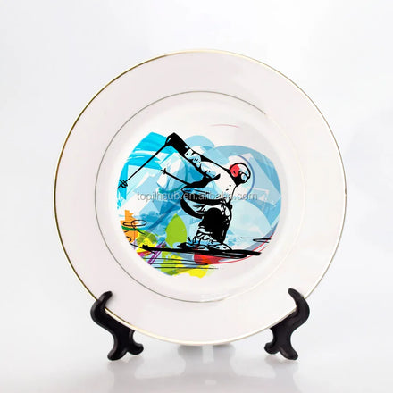 Topjlh Custom Sublimation Plate Round Gold Rim Porcelain Dinner Plate Dish White Sublimation Blank Ceramic Plate for Heat Press