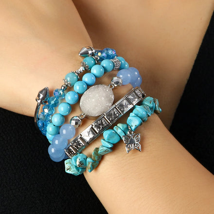 Italian Modular Bracelet Trendy Bohemian Style 6pcs Multicolor Natural Stone Glass String Beads Elastic Stack Bracelet Set