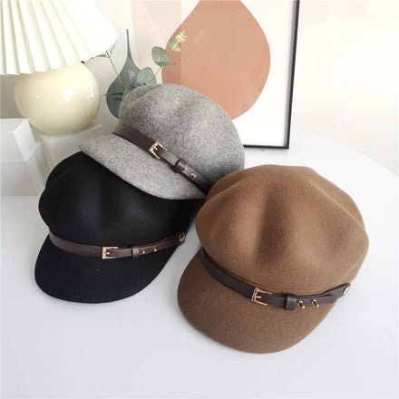 High Quality 100% Wool Winter British Retro Tweed Tongue Octagonal Fashion Painter Felt Newsboy Beret Cap for Women Girls Hat