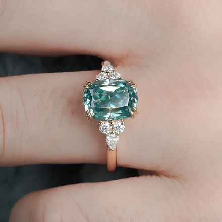 Popular 14 Karat Yellow Gold 7*9mm Retangular Cushion Cut Moissanite Adjustable Ring Blue Green Moissanite Ring Jewelry