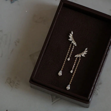 14K Gold Plated Pure 925 Sterling Silver Feather Shaped Zircon Crystal Tassel Stud Earrings for Women Girls