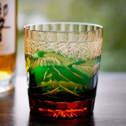 Edo Kiriko Cut to clear Whiskey Glass Tumbler Hand Cutting Colored Cold Water Whiskey Brandy Cup Fuji Mountain Pattern
