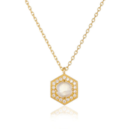 Popular Jewelry Simple Ins 14K Gold Plated Hexagon Natural Moonstone Pendant CZ Silver Sterling 925 Oval Link Chain Necklace