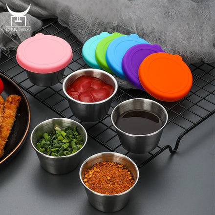 Customized 304 Stainless Steel Food Container Silicone Lids Dipping Sauce Cup Condiment Jar Food Storage Mini Box Camping Office