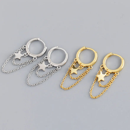18K Gold Plated Hoops 925 Sterling Silver Long Tassel Chain Star Drop Earrings