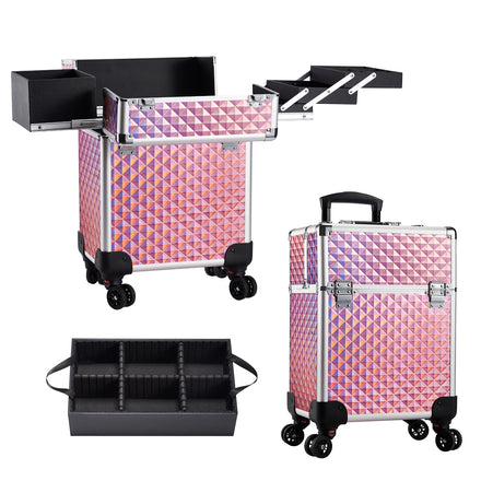 Professional Makeup Trolley 1-Tier Telescopic Suitcase Large Hard Shell Rolling Makeup Case Open Portable Beauty Make-Up Box