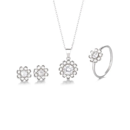 Handmade Pure Silver 925 Pearl Sunflower Jewelry Set for Women Earrings Necklace and Ring Set