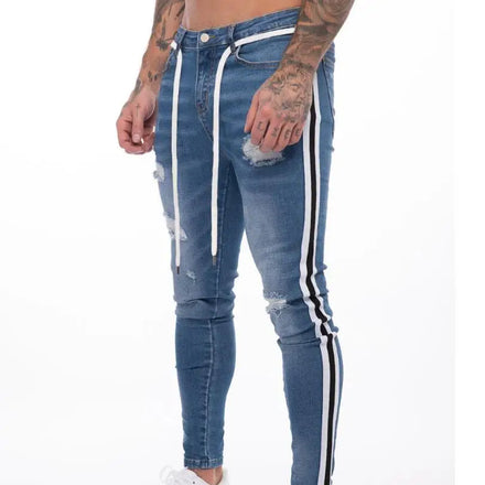 Men's Casual Skinny Denim Trousers High Street Hip Hop Pure Color Jeans Pocket Slim Fit Hole Shredded Long Pants