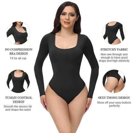 Wholesale U-neck Collar Abdominal Compression Corset Solid Color Long Sleeve Bodysuit Fajas Colombianas Shapewear for Women