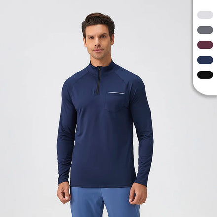 Custom Logo Men's Quickly Dry Full Sleeve Running T-shirts with Stand Collar and Quarter Zip-up Closure Long Sleeve T-shirt