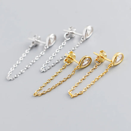 Simple Design S925 Sterling Silver 18K Gold Plated Water Drop Zircon Tassel Chain Drop Earrings for Women