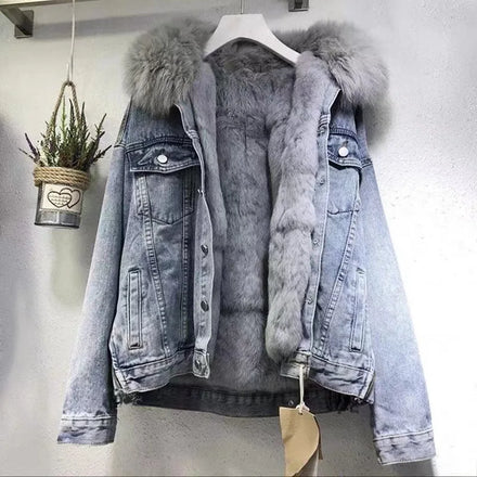 Luxury Women Denim Parka Jacket Ladies Heavy Winter Coat Thick Fleece Lined Warm Big Faux Fur Hooded Jeans Outwear