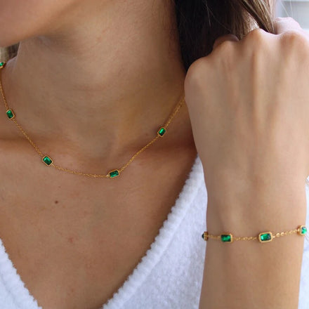 J&D Emerald Cut Jewelry Set Stainless Steel Green Gemstone Station Necklace Bracelet Minimalist Elegant Classic Party Gift