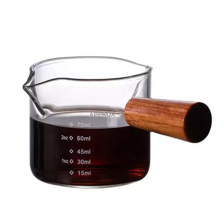 Hand Blown Double Spout Borosilicate Glass Measuring Coffee Espresso Milk Pot with Wooden Handle Essential for Coffee Brewing