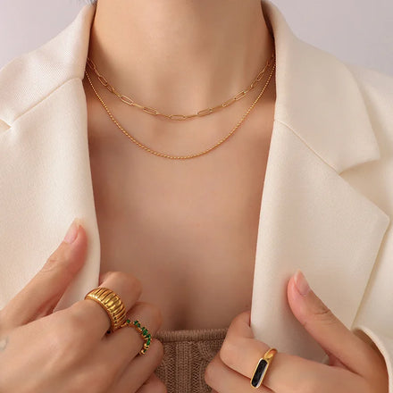 Dainty Simple Design 18k Gold Plated Stainless Steel Double Layer Bead Chain Paperclip Chain Choker Necklace
