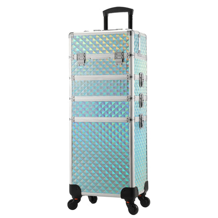4 1 Aluminum Rolling Makeup Train Case Trolley Professional Artist Beauty Storage Case Large Capacity Diamond Pattern Open