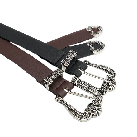 JULUN PU Belt Manufacture Designer Belts for Women Retro Engraved Silver Western Buckle Smooth PU Strap Vintage Waist Belt